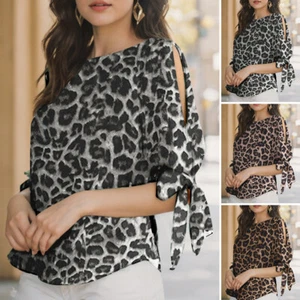 UK Womens Slit Half Sleeve Leopard Printed Tops Tied Cuffs T Shirt Formal Blouse - Picture 1 of 11