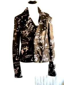Schwarze Leder Motorrad Jacke mit Graffitti Gr. M $ 897 amerikanische Retro Marke - Bild 1 von 17