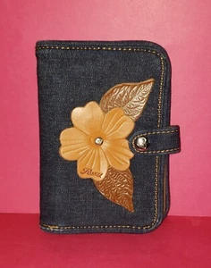 Roxy Girl Blue Denim 100% Cotton Leather Floral Mini 6-Ring Organizer Binder - Imagen 1 de 12