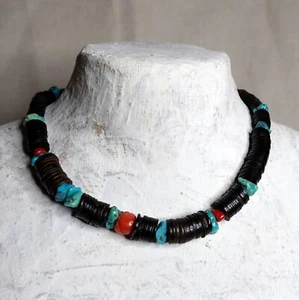 Ethnic Style Necklace Turquoise Coral Coconut Beads Silver Finials - Picture 1 of 9