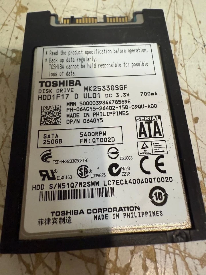 Toshiba 250GB Internal 5400RPM 1.8" MK2533GSGF MICROSATA HDD 577990-001, 064GY5 - Image 1 of 1