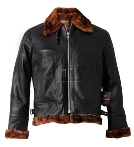 New Mens B3 Bomber Fur Jacket Aviator Brown Leather Jacket Black Leather Jacket - Picture 1 of 4