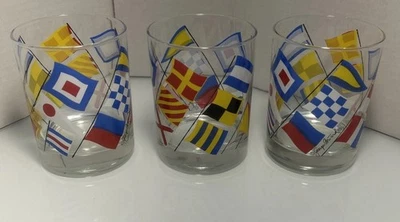 3 Vtg Georges Briard Old Fashioned Whiskey Glasses Nautical Signal Flags Boating - Image 1 of 4