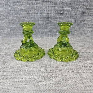 Pair of Westmoreland Doric Open Lace Single Glass Candleholders Moss Green - Picture 1 of 7