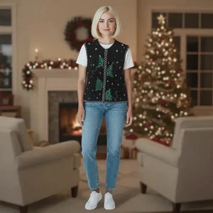 Studio Joy Women's Black Sleeveless Christmas Vest Full Zipper Sz  Large Trees - Picture 1 of 6