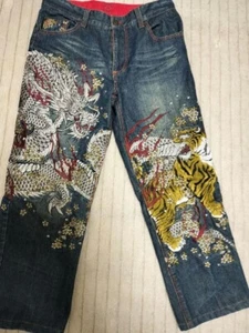 Kacho Fugetsu Men's Denim Jeans Pants Dragon Tiger Embroidered Blue Size 32 JP - Picture 1 of 6