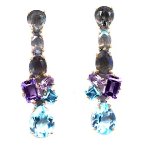 Gemstone Sky Blue Topaz, Labradorite & Amethyst Earrings 925 Sterling Silver - Picture 1 of 4