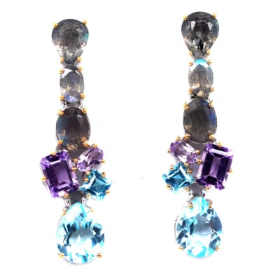 Edelstein Himmelblauer Topas, Labradorit & Amethyst Ohrringe 925 Sterlingsilber - Bild 1 von 4