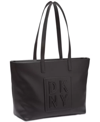 DKNY Tilly Stacked Logo Top Zip Tote Faux Leather Black Silver - Image 1 of 4