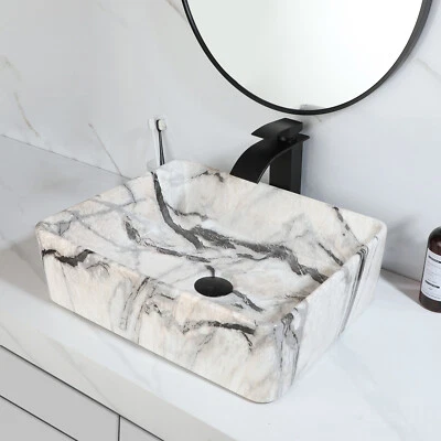 Fregadero de baño de mármol rectangular de 19" lavabo de cerámica lavabo fregaderos grifo negro Foto 1 de 4