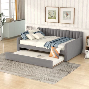 Full Size Velvet Upholstered Daybed Sofa Bed with Trundle Wood Slat Support Gray - Picture 1 of 17