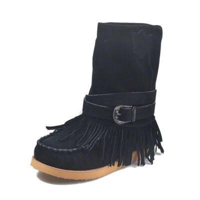 Para mujeres Botines Informales Invierno Gamuza Borla Flecos Mocasín Bota Zapatos Planos Foto 1 de 4