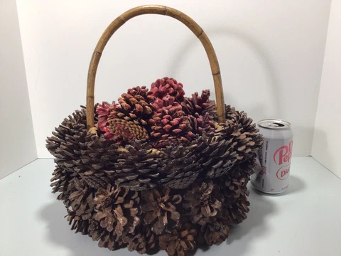 Basket Bent Cane Vtg Wood Adirondack Pine Cone Wax Fire Starter Cabin Fireplace Cover