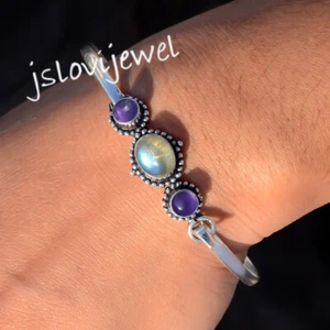 African Amethyst, Labradorite Gemstone 925 Sterling Silver Bracelet Jewelry Cuff - Picture 1 of 5