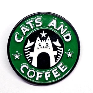 Katzen und Kaffee Emaille Anstecknadel Brosche Humorvoll Spaß Schwarz Weiß Grün Katzenabzeichen - Bild 1 von 15