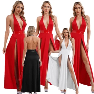 UK Sexy Womens Deep V Neck Halter Backless High Split Cocktail Party Maxi Dress - Picture 1 of 36