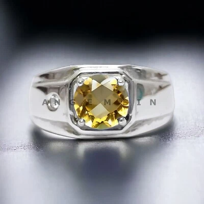 黄水晶宝石 925 纯银戒指 男式 #AL575 — 第 1/4 张图片