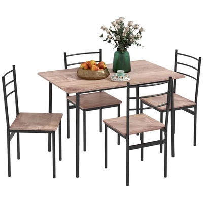 Dining Table Set Four Chairs Industrial Style Compact Metal Frame Brown Black  - Image 1 of 4