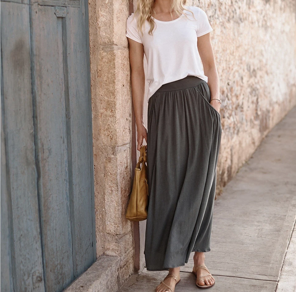 Garnet Hill Favorite Maxi Skirt Size M Knit Cotton Lined Comfort Pockets - Image 1 of 4