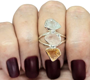 Raw Aquamarine, Rose Quartz & Citrine Ring, Size 7, Sterling Silver - Bild 1 von 6