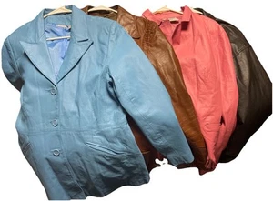 Lot Of 4 Vintage Leather Women’s Jackets All Size 18 Large Blue Pink Brown Black - Picture 1 of 9