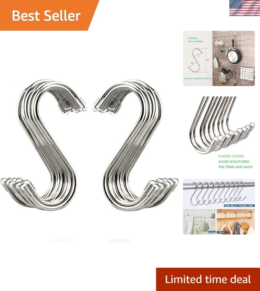 20 Pack S Shaped Hooks Stainless Steel Metal Hangers Hanging for Kitchen Work