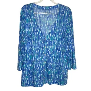 J Jill Womens Size Medium Blue Printed Extra Fine Pima Cotton Cardigan - Picture 1 of 9