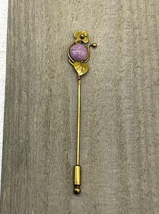 Retro Vintage Stock Hutnadel lila Cabochon & Blumen goldfarben Messing 3 5/8" lang - Bild 1 von 6