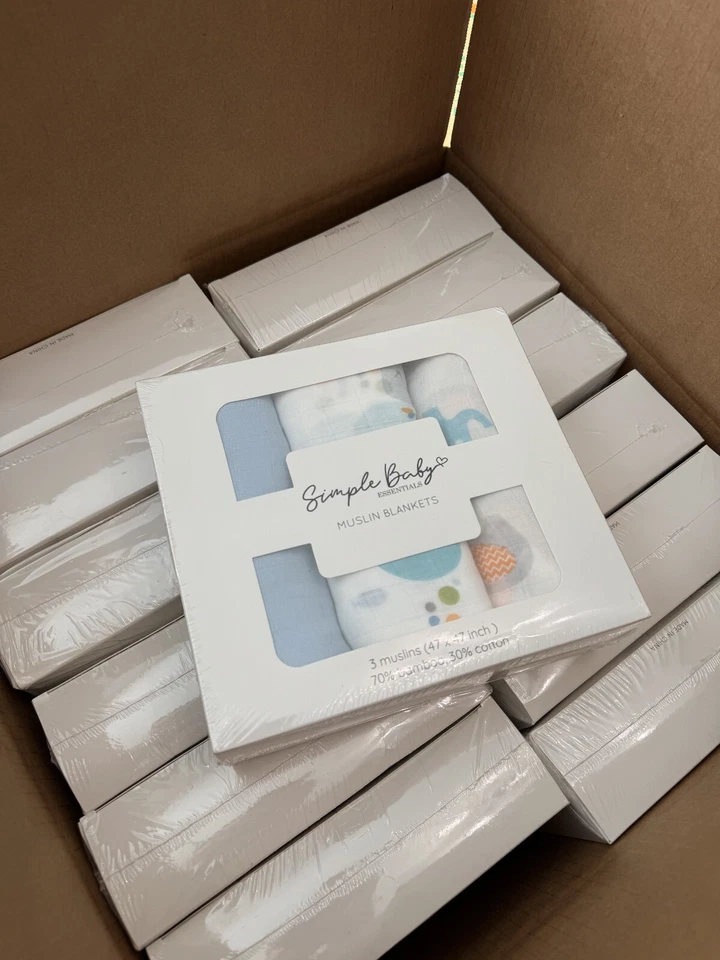 Bulk Box of 24 Boy Muslin Swaddle Sets – Free Shipping – Baby Shower Gift - Image 1 of 4