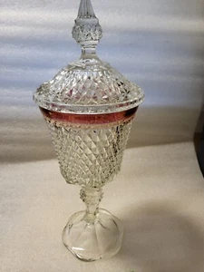 Vintage Indiana Glass Tall Diamond Cut Candy Dish With Cranberry Trim - Picture 1 of 9