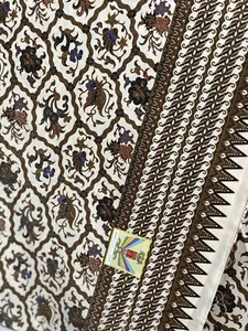 Indonesian batik cotton Fabric Brown And Beige With Multicolored Floral Design - Picture 1 of 6
