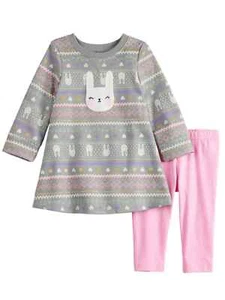 Infant Girls Gray & Glitter Bunny Rabbit Dress Shirt & Pink Legging Outfit - Picture 1 of 1