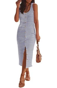 Women's Summer Sleeveless Striped T Shirt Tank Midi Dress Casual Scoop Neck B... - Picture 1 of 6