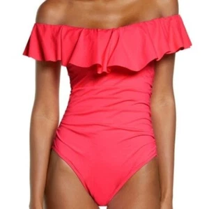 CHELSEA28 One Piece Swimsuit Womens size L Red Off Shoulder Ruffle Coquette NWTs - Picture 1 of 8