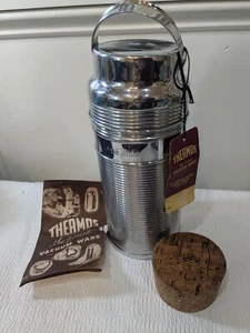 Vintage Thermos Vacuum ware glass cork stainless steel ribbed chrome #6011 tag - Picture 1 of 17