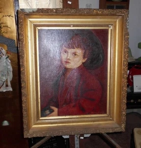 LARGE SIGNED PORTRAIT OC YOUNG BOY IN RED COAT DATED 1932 - Picture 1 of 12