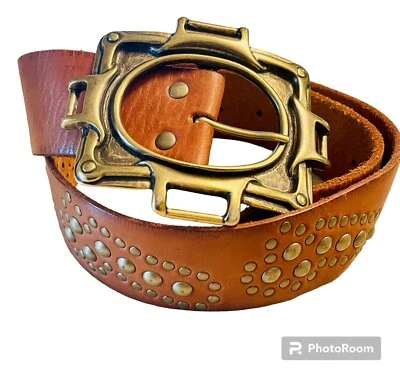 Vintage Womens Linea Pelle Belt Collection Brown Leather Brass Buckle Boho M - Image 1 of 4