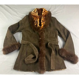 Stefania Sarle Shearling Leopard Faux Fur Trim Jacket Belted Sz S Winter Outdoor - Picture 1 of 8