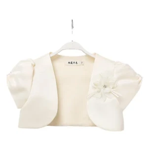 Kids Girls Satin Top Coat Bolero Shrug Jacket Cape 3D Flower Beaded Wedding Chic - Picture 1 of 10