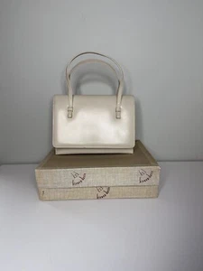 VTG Bienen Davis Ivory Leather  Lined Flap Clasp Structured Handbag w Box Mirror - Picture 1 of 22
