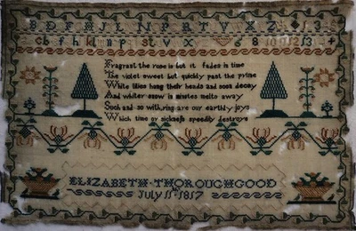 SMALL EARLY 19TH CENTURY MOTIF & VERSE SAMPLER BY ELIZABETH THOROUGHGOOD - 1817 - Image 1 of 4