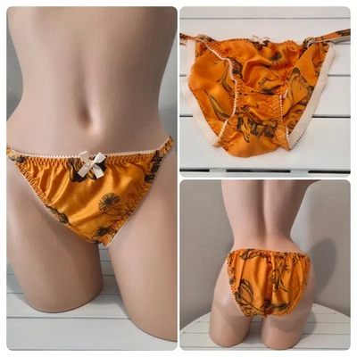 Liquid Satin Double SILK String Bikini Panty Floral Print 8/XL Solar Orange  - Image 1 of 4