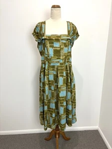 Lazybones Womens Dress 2XL 16 Army Green Squares Fit Flare Flowy Formal Occasion - Picture 1 of 13