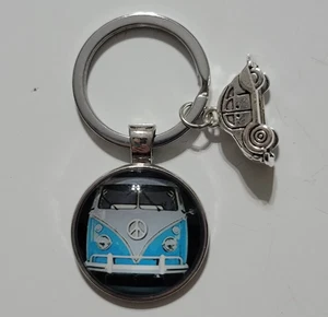 Volkswagen VAN SAMBA Vintage Hippie Peace Sign Bus Beetle Bug Keychain Blue - Picture 1 of 1