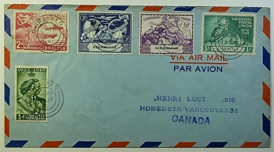 Gibraltar 1951 UPU cubierta de correo aéreo a Vancouver BC Canadá Foto 1 de 2