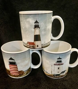 Sakura David Carter Brown BY THE SEA Lighthouse Coffee Cups Mugs 2001 Set of 3 - Foto 1 di 6