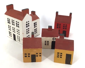 Primitive Wooden colonial Block Houses Handmade Set of 5 Folk Art Signed TEB ‘81 - Picture 1 of 7