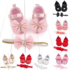 Infant Baby Girl Flower Prewalker Princess Shoes Headband Set Flat Soft Sandal - Picture 1 of 11