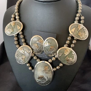 Concho Pottery Pendant Gold Filled Sterling Silver Necklace & Earrings 12367 - Picture 1 of 12