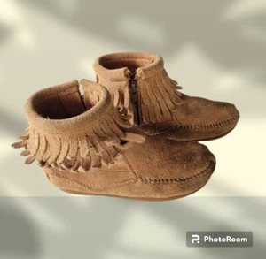 Minnetonka Youth Girl's Double Fringe Zip Up Ankle Boots Brown Size: 9 Nice Cond - Picture 1 of 4